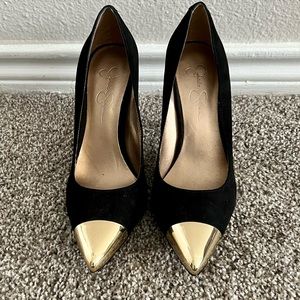 JESSICA SIMPSON Black Suede Gold Cap Toe Heels Size 9.5